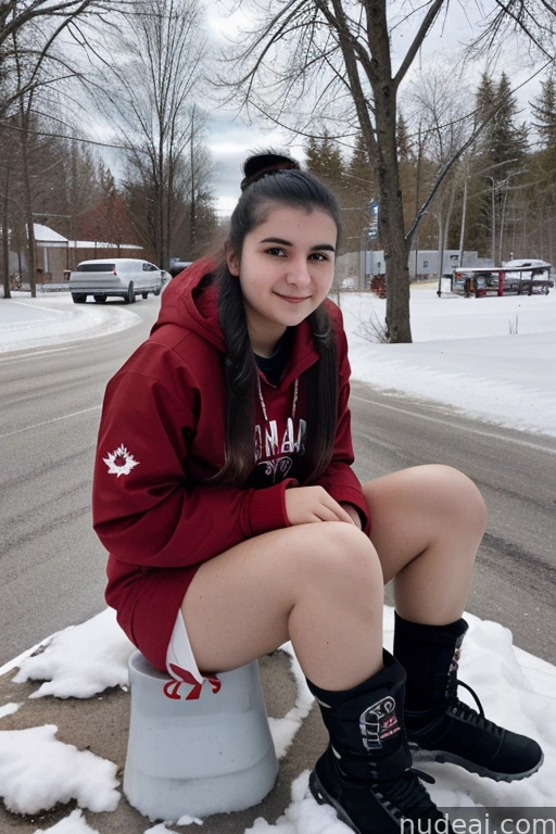 arafed girl sitting on a toilet in the snow