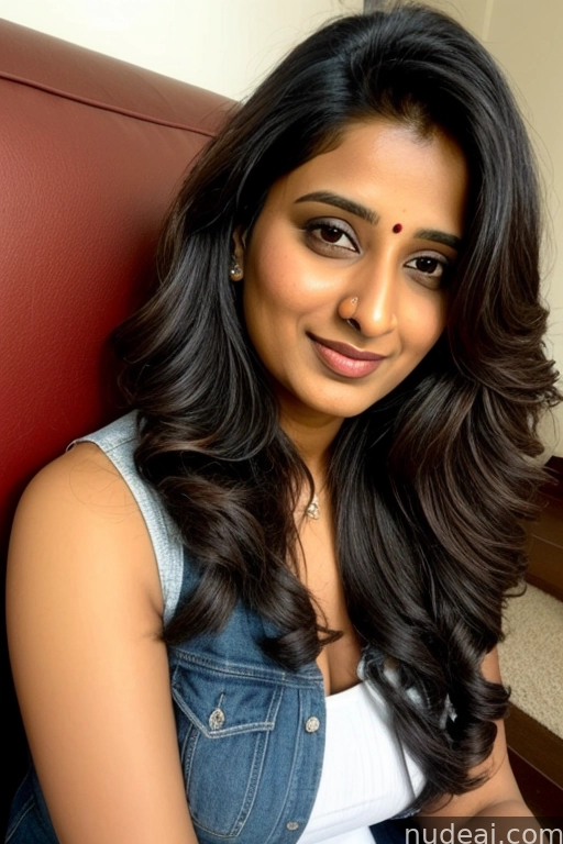 anupa karth in denim vest sitting on a red couch