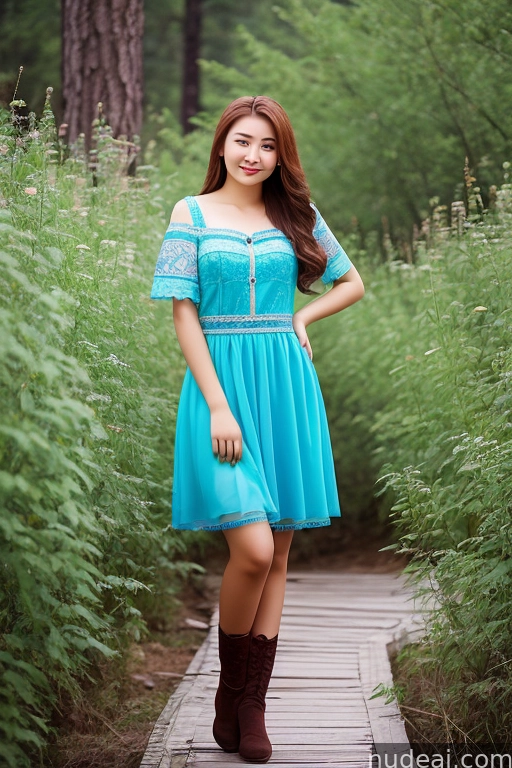 araffe woman in a blue dress standing on a wooden walkway