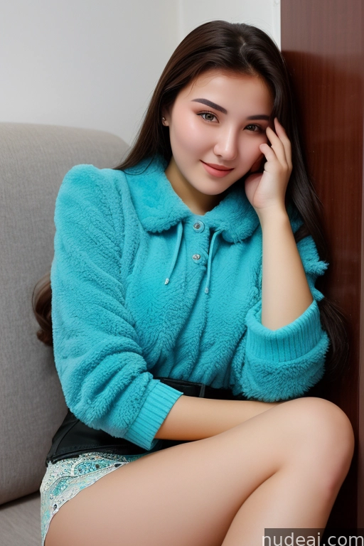 arafed woman sitting on a couch with a blue sweater