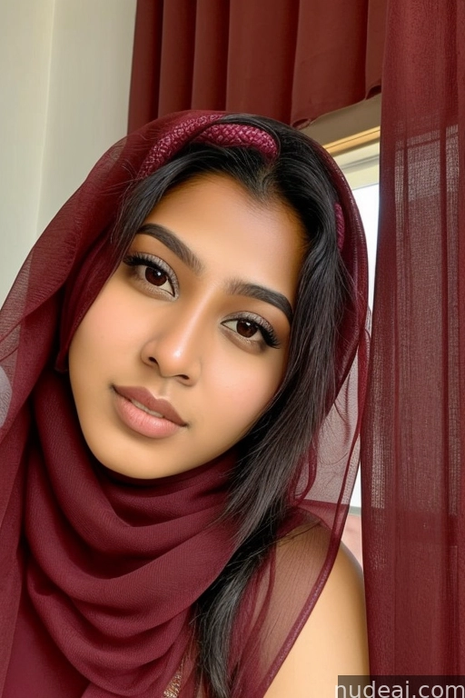 arafed woman wearing a red scarf and a red dress