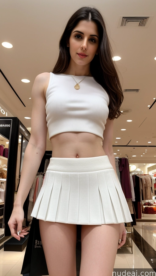 araffed woman in a white top and skirt in a store