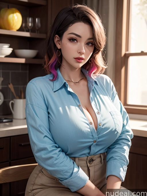 arafed woman with pink hair sitting in a kitchen