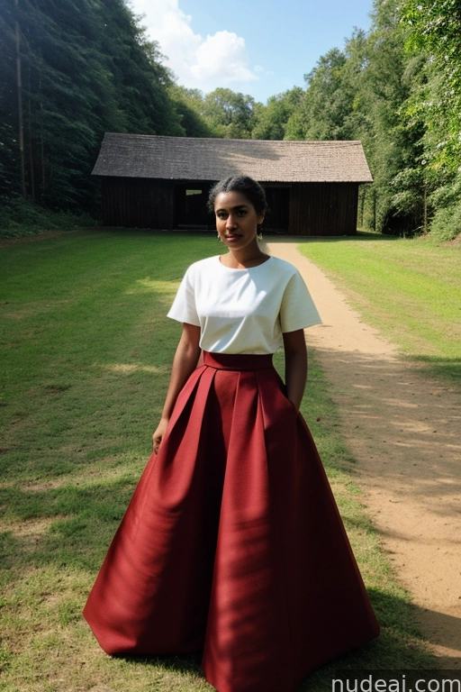 arafed woman in a red skirt standing in front of a barn