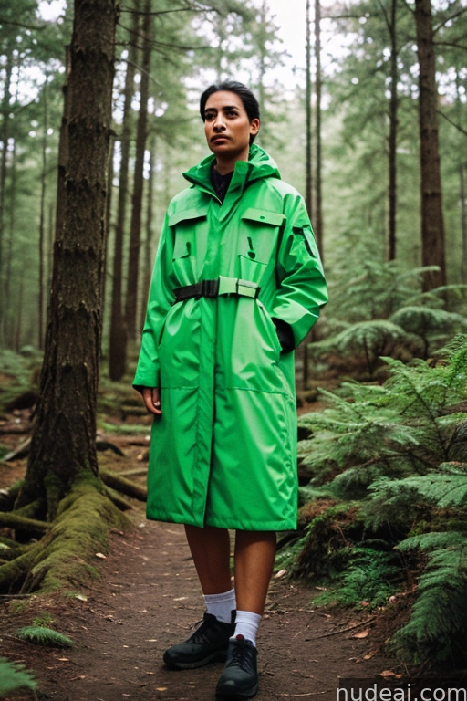 arafed man in a green raincoat standing in a forest