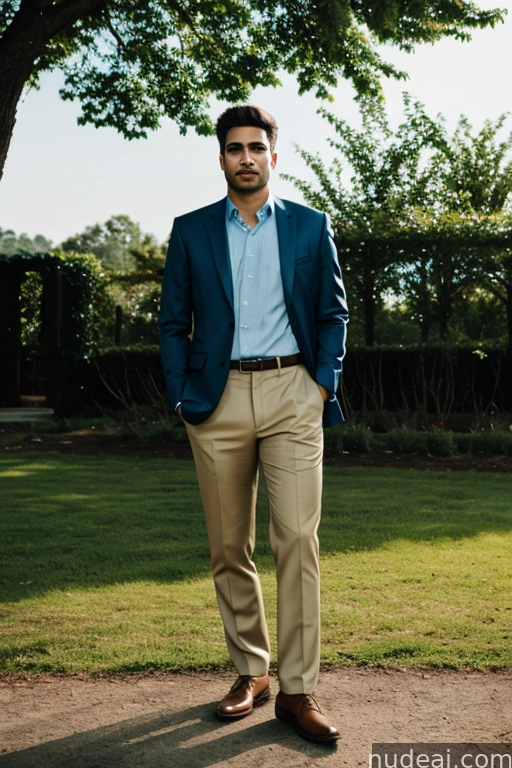 arafed man in a blue jacket and tan pants standing in a park