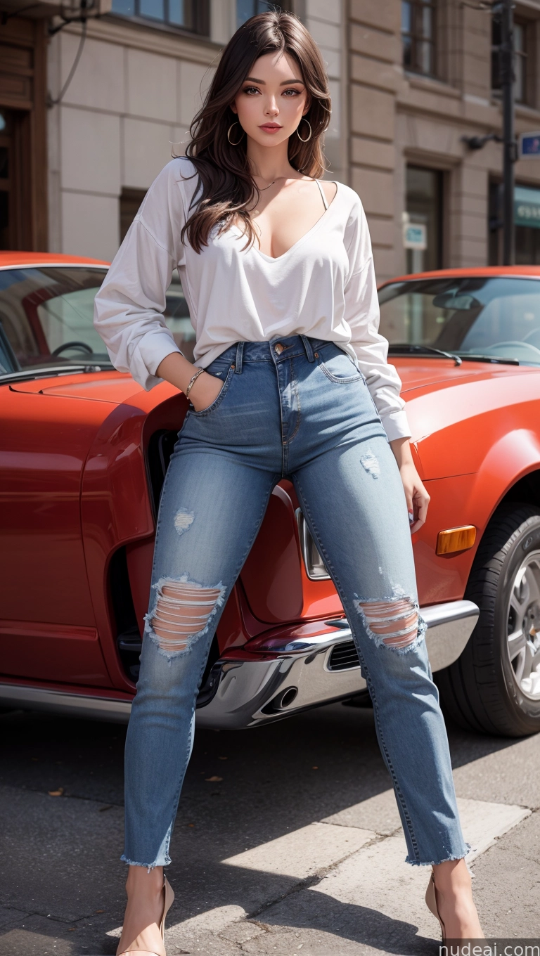araffe woman leaning on a red car in front of a red car
