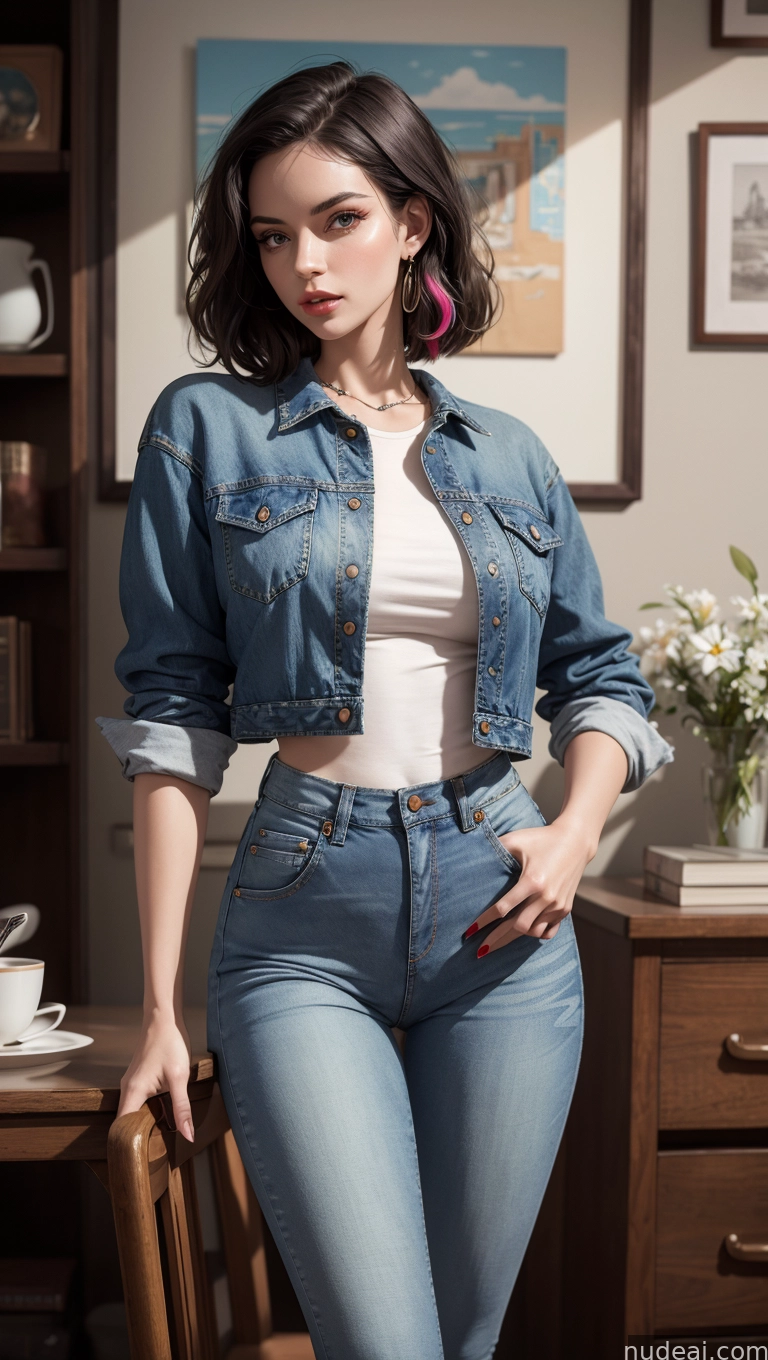 araffe woman in a denim jacket and jeans posing for a picture