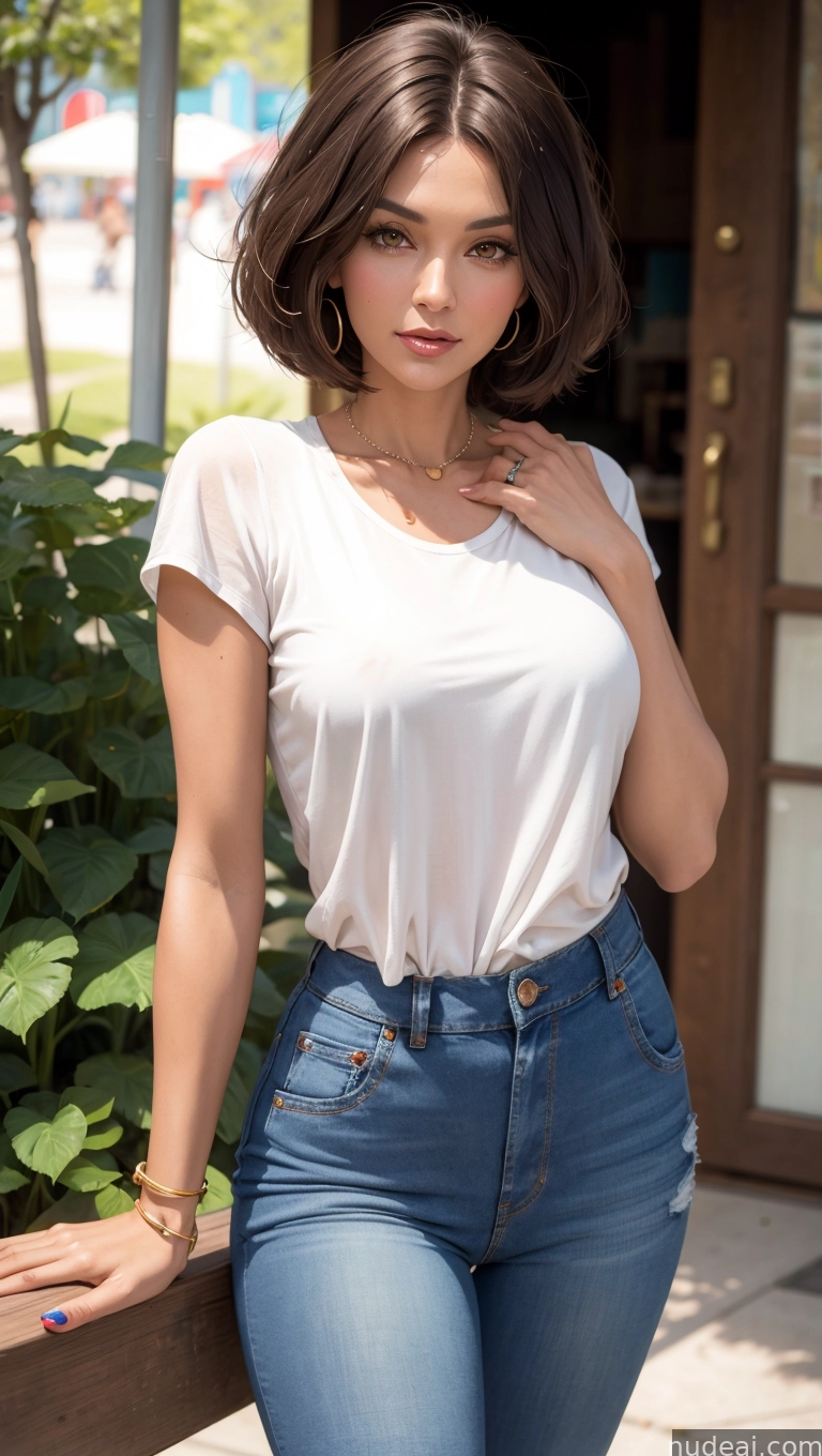araffed woman in white shirt and jeans leaning on a wooden fence