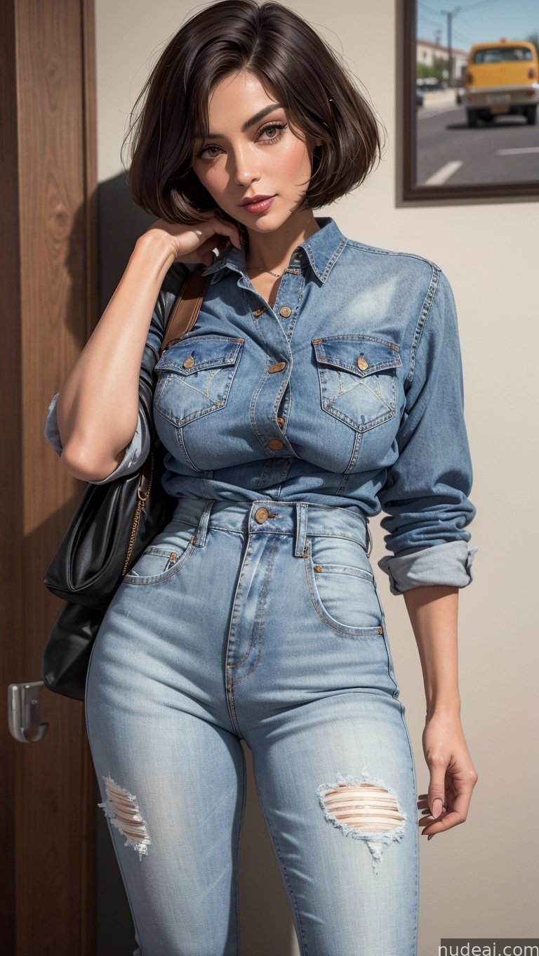 arafed woman in a denim shirt and jeans leaning against a wall