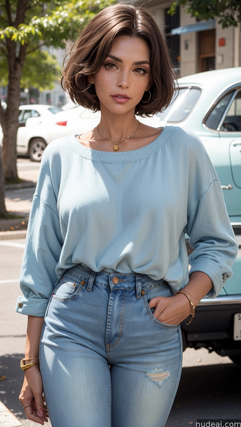 araffe woman in blue shirt and jeans standing in front of a car
