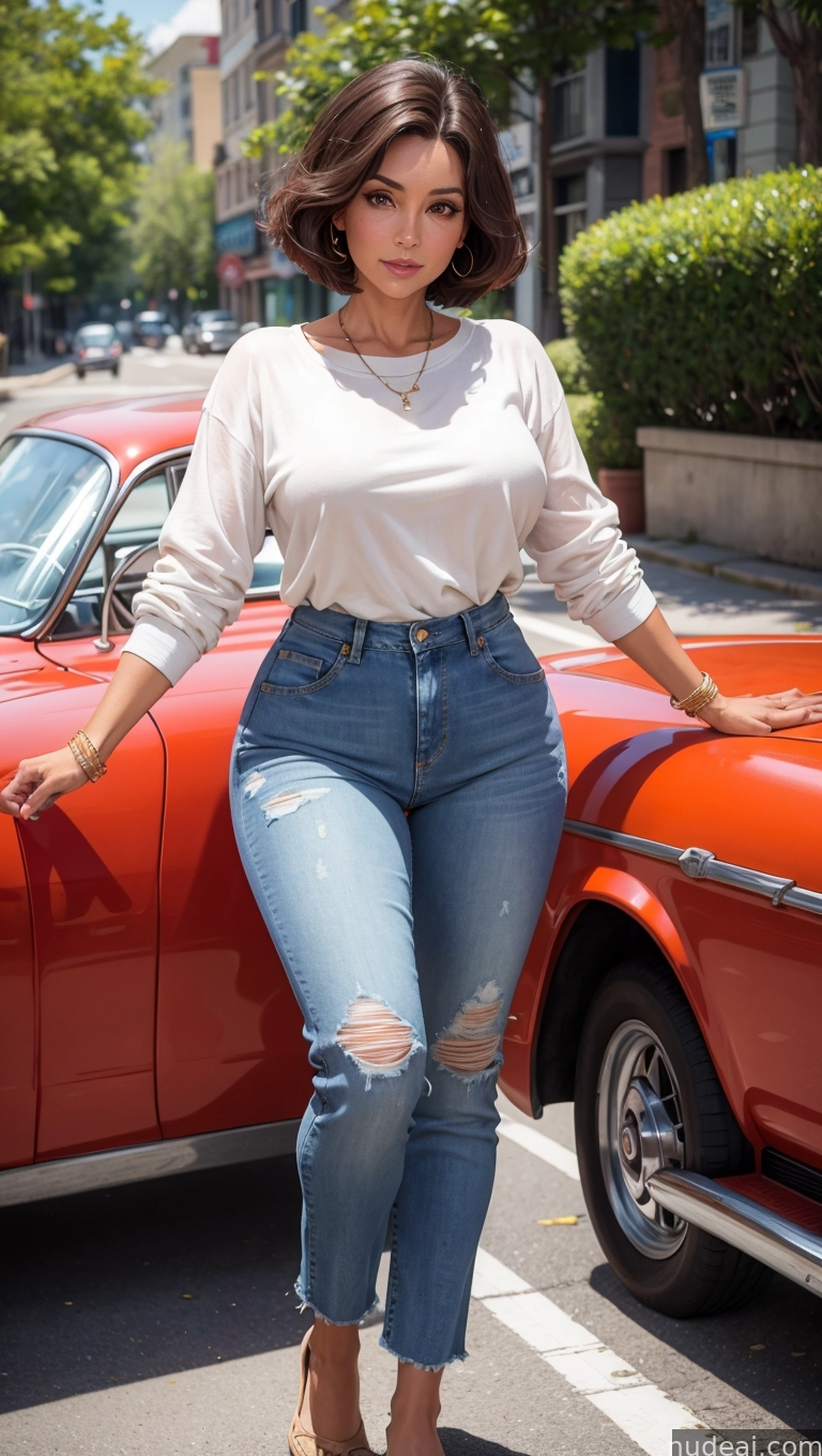 araffe woman in jeans leaning on a red car in a city