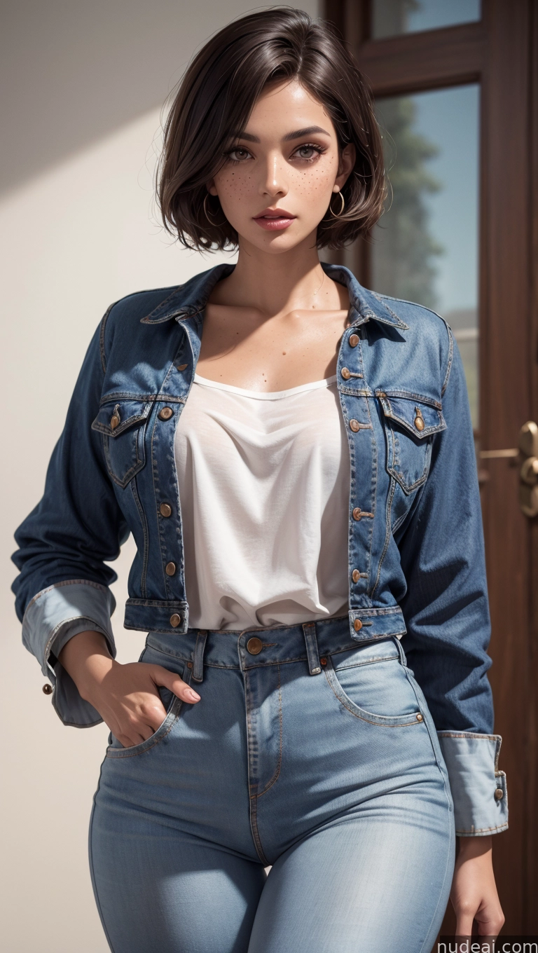 arafed woman in a white shirt and blue jean jacket