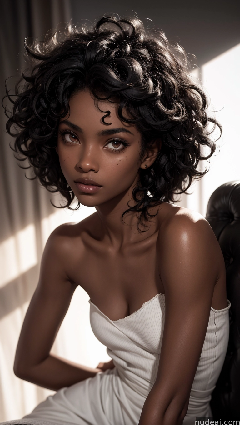 arafed woman with curly hair sitting on a couch in a white dress
