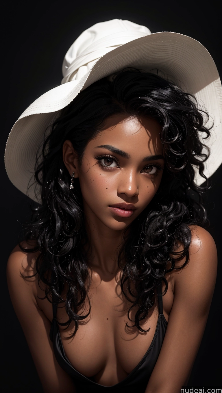 arafed woman with a white hat and black dress posing for a picture