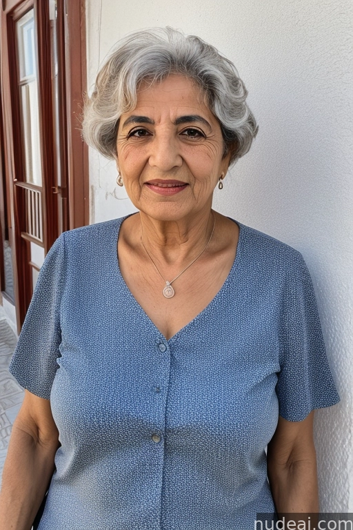smiling woman in blue shirt standing against a white wall