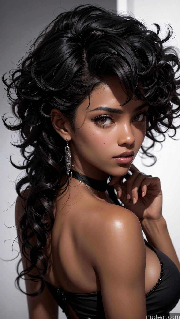 arafed woman with black hair and a black bra top