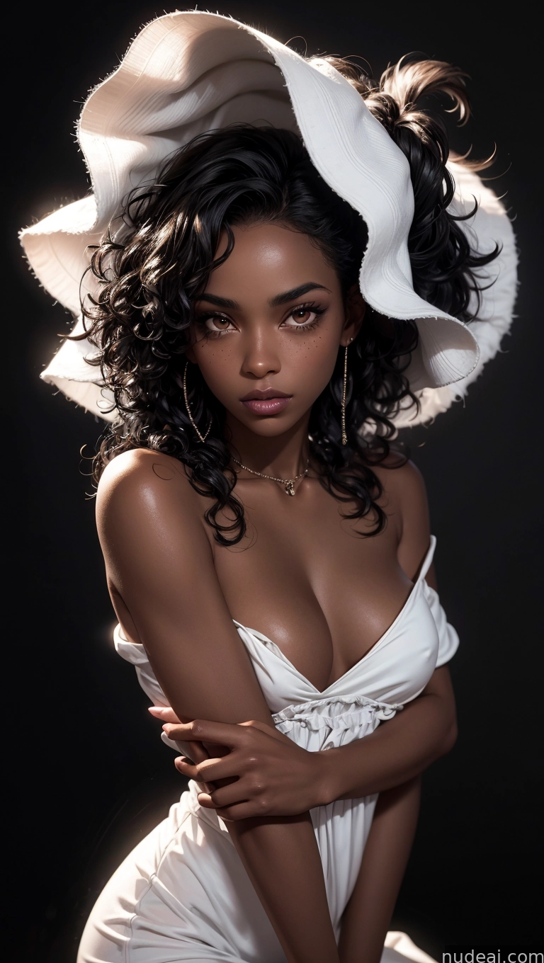 arafed woman in a white dress and a hat posing for a picture