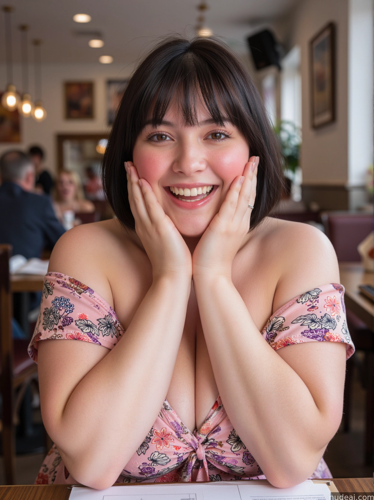 smiling woman in a pink dress sitting at a table with her hands on her chin