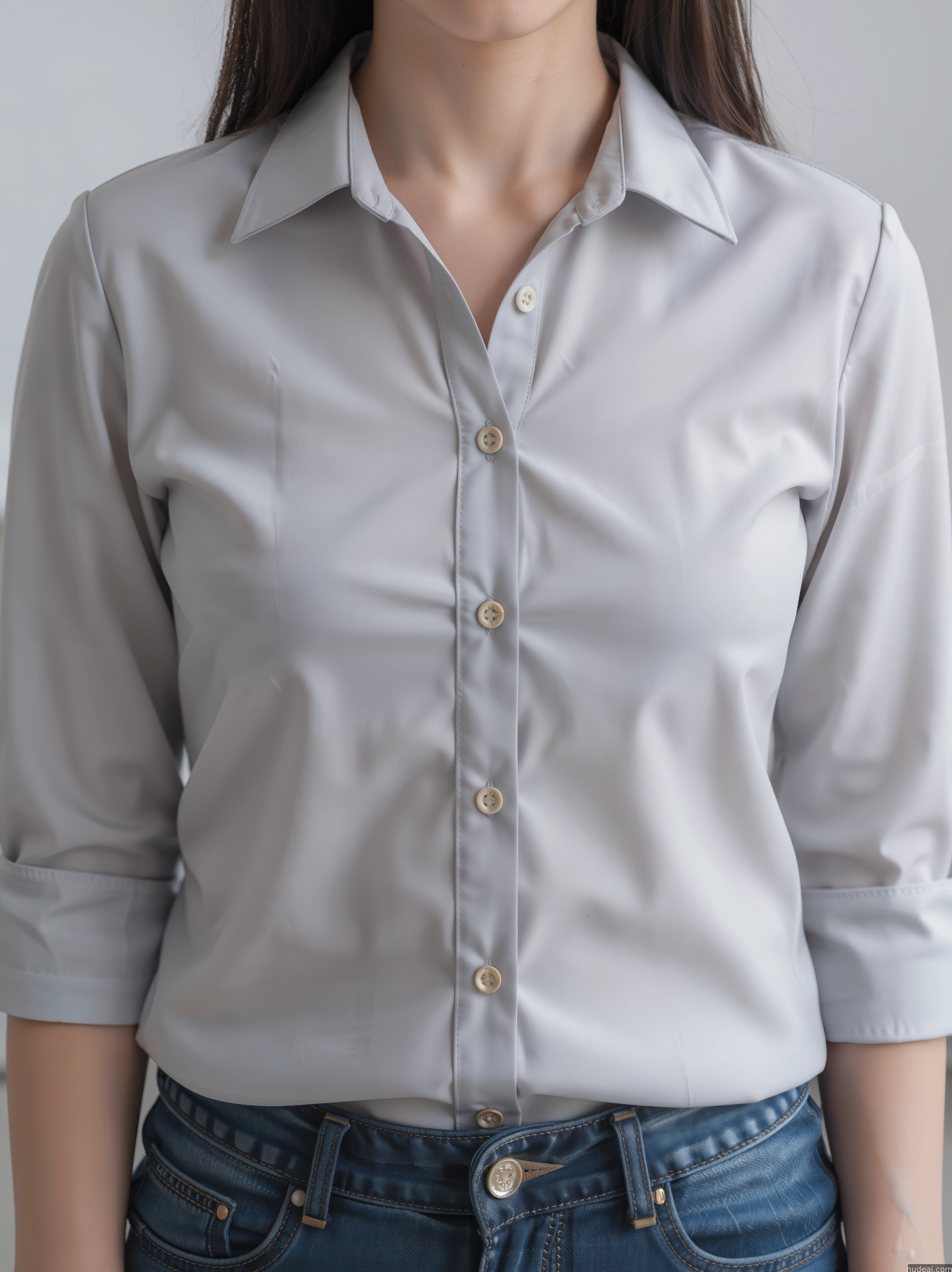 arafed woman in a white shirt and jeans posing for a picture