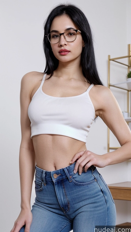 arafed woman in a white top and jeans posing for a picture