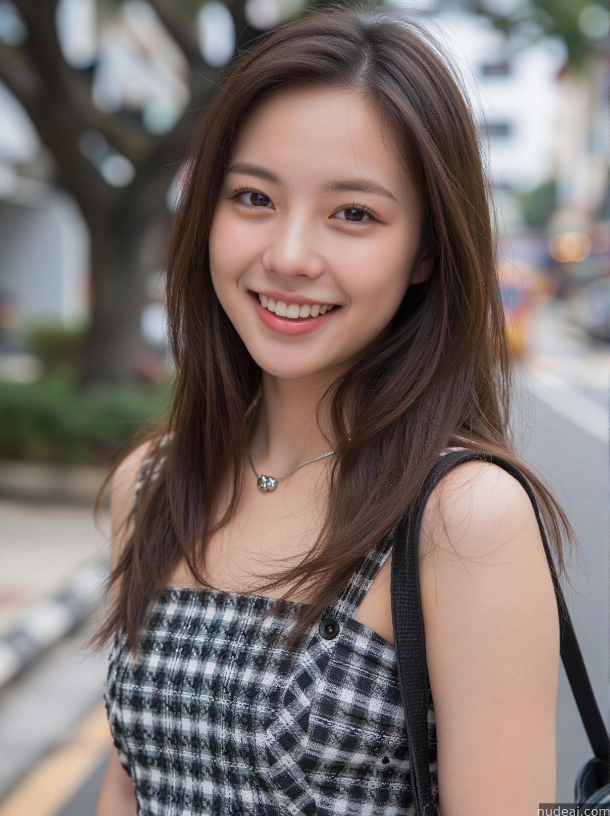 arafed asian woman with a black and white checkered dress and a black purse
