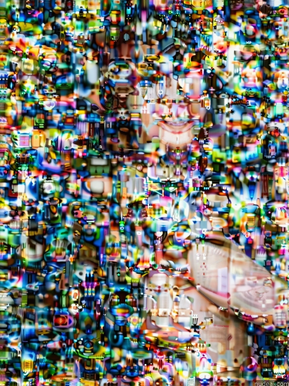 arafed image of a woman with a cell phone in front of a wall of colorful pixels