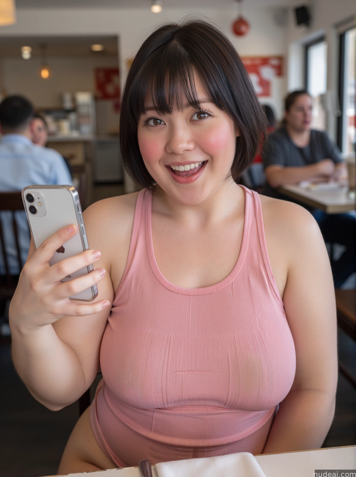 smiling woman in pink tank top holding up a cell phone