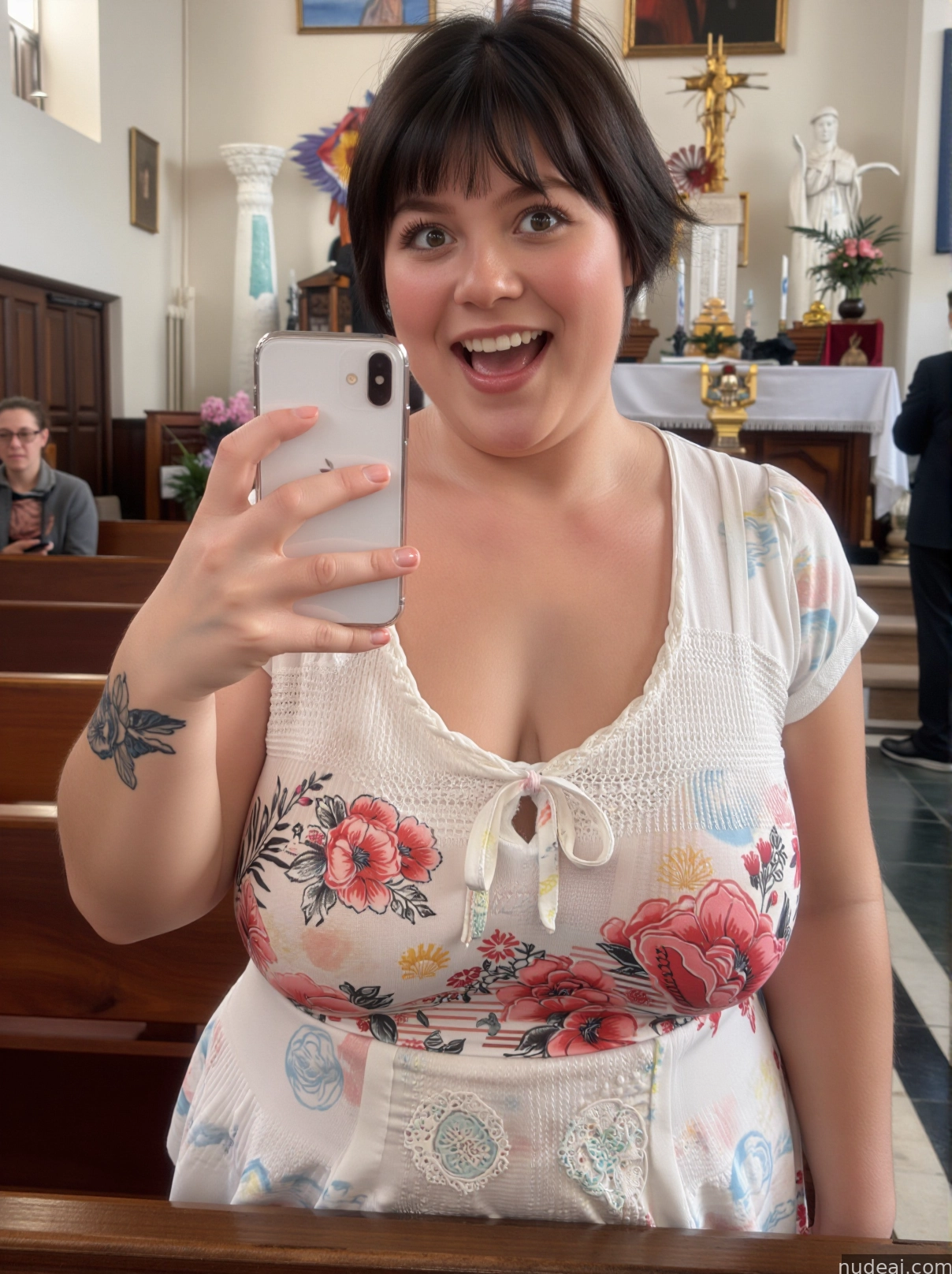 woman taking a selfie in a church with a cell phone