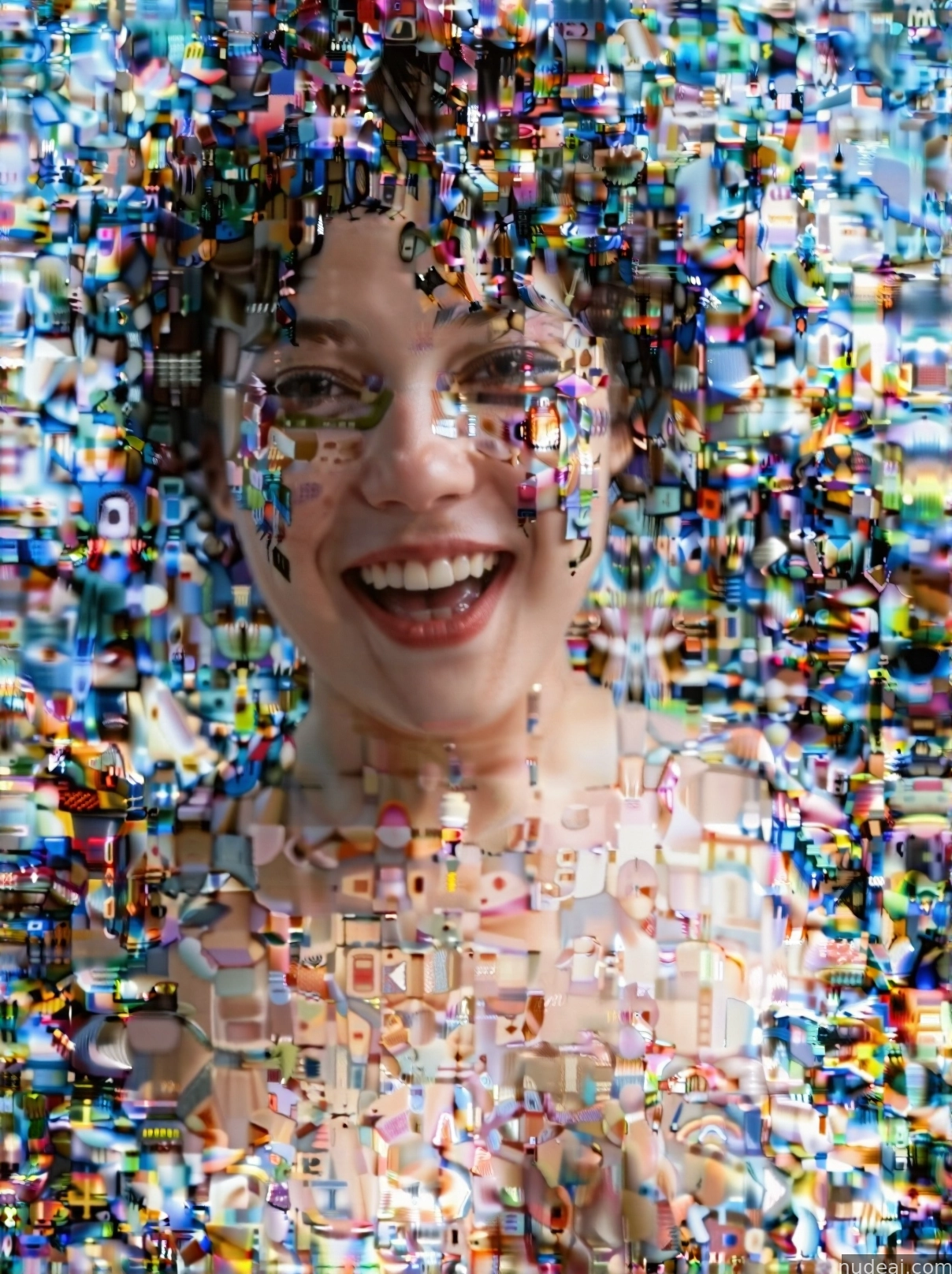 arafed image of a woman with a smile and a lot of small objects