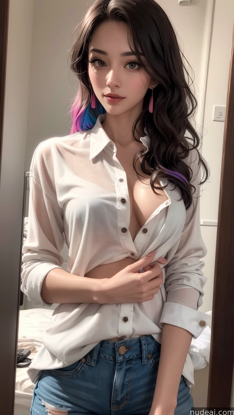 araffed asian woman with long hair and blue jeans posing in a mirror