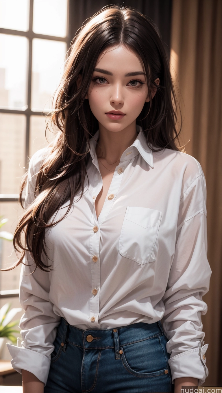 arafed woman in a white shirt and jeans posing for a picture