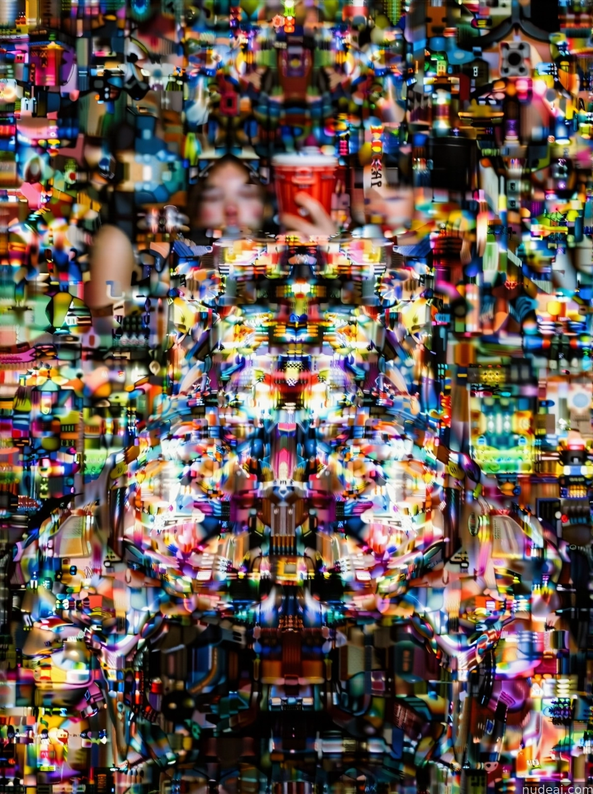 a close up of a person sitting in a chair with a large amount of pictures on it