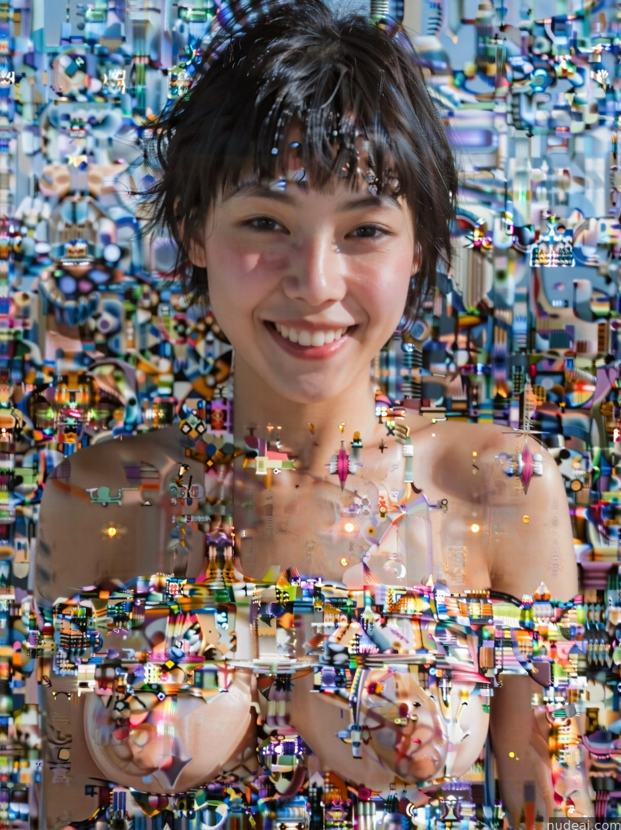 arafed woman in a colorful dress with lots of confetti
