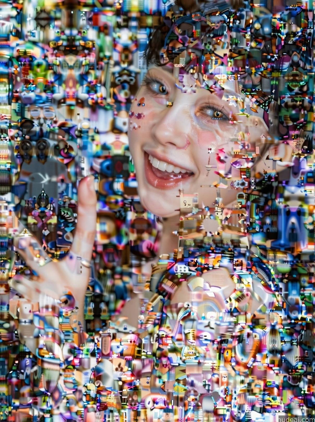 arafed image of a woman with a cell phone in front of a wall of confetti