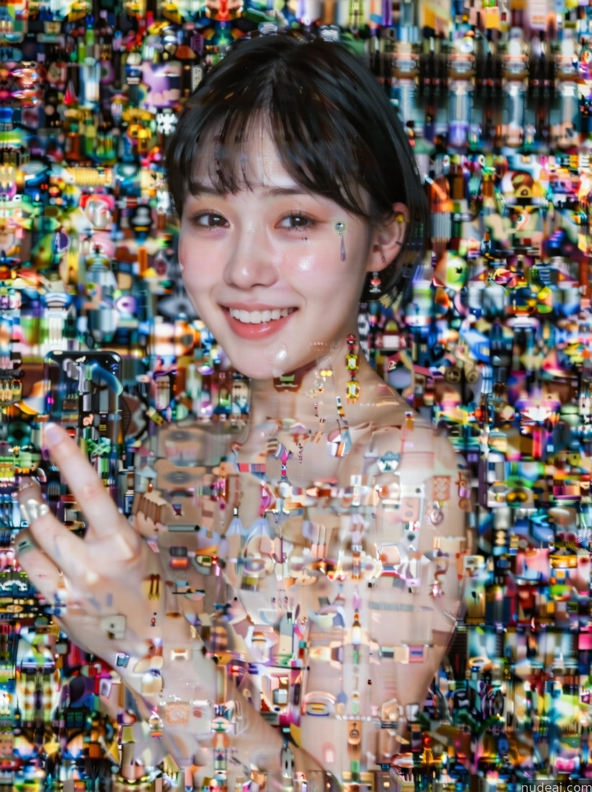 arafed image of a young girl in a glittered dress holding a cell phone