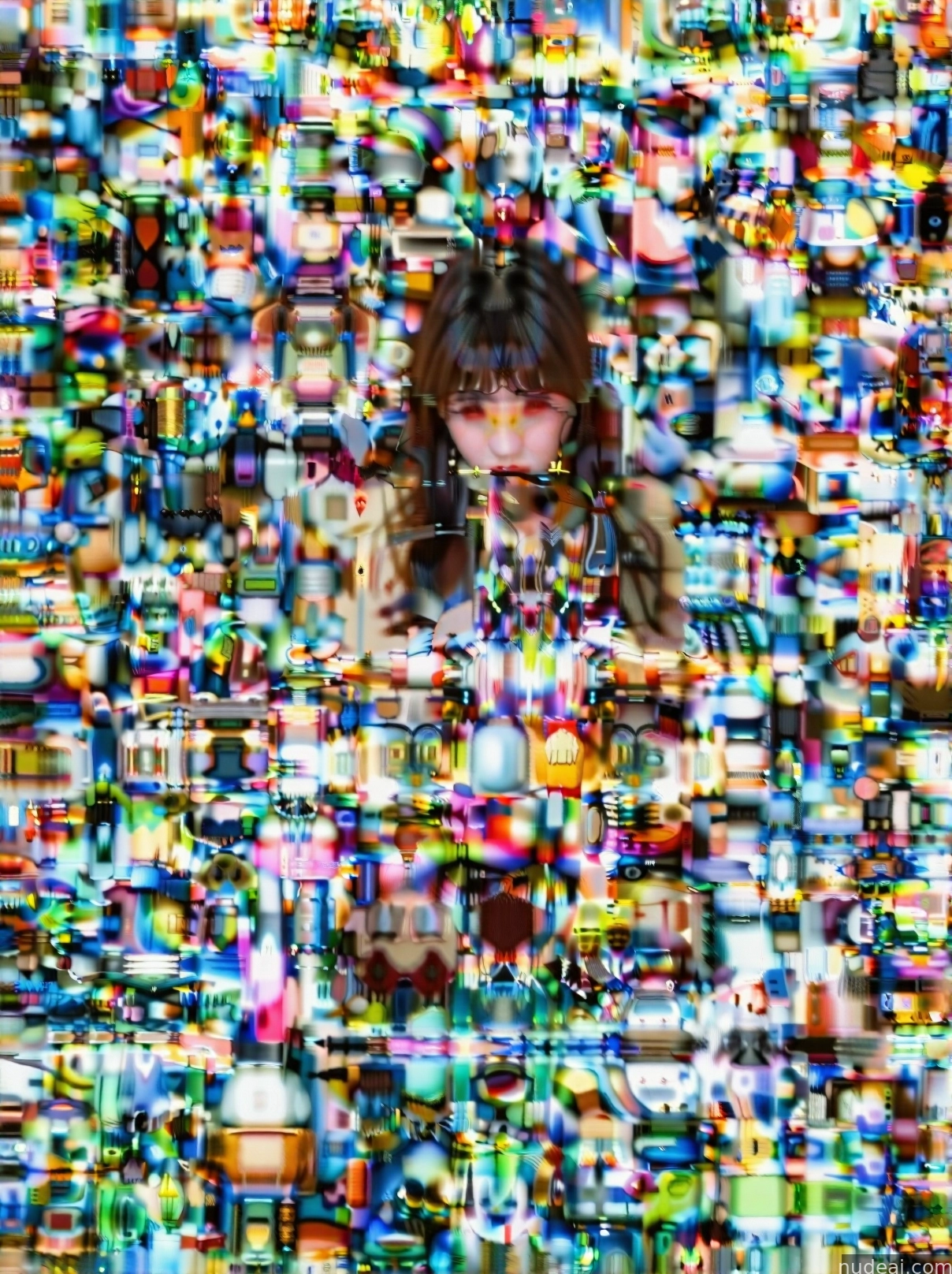 arafed image of a woman standing in front of a wall of colorful objects