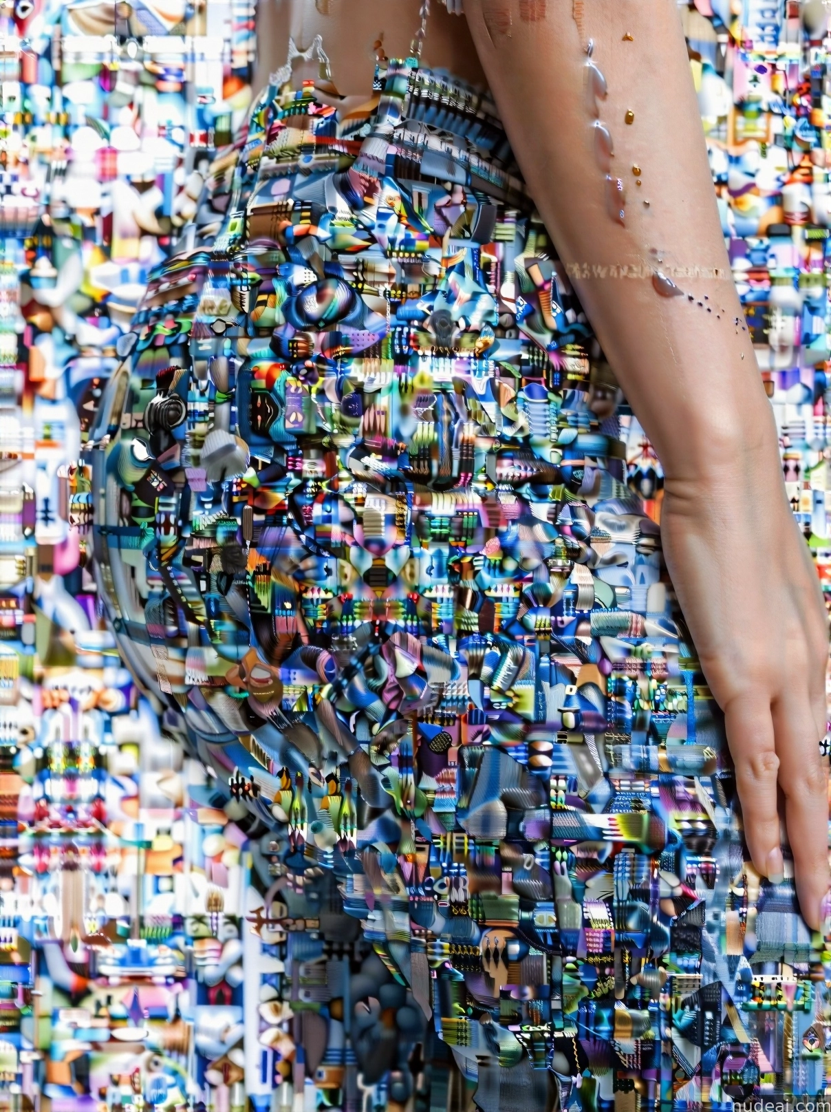 arafed image of a woman standing in front of a wall of assorted objects