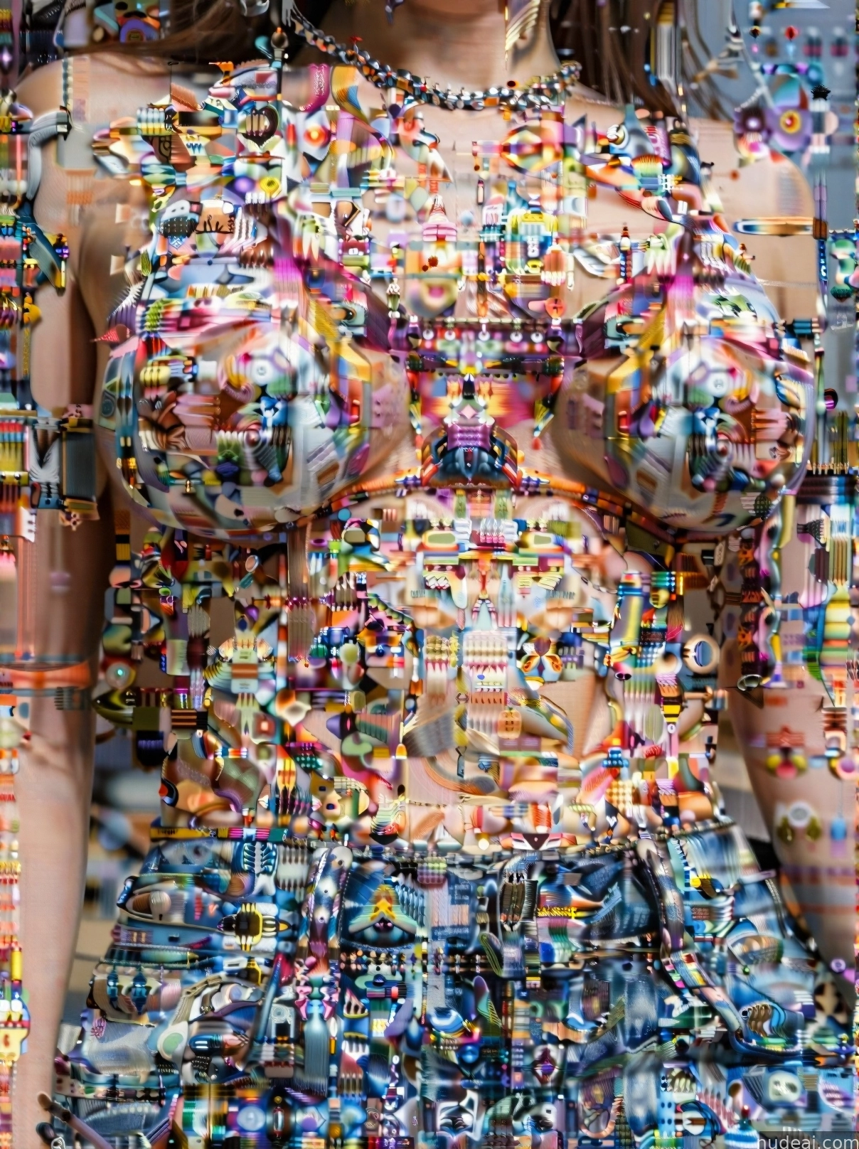 a close up of a woman with a dress made of confetti sprinkles
