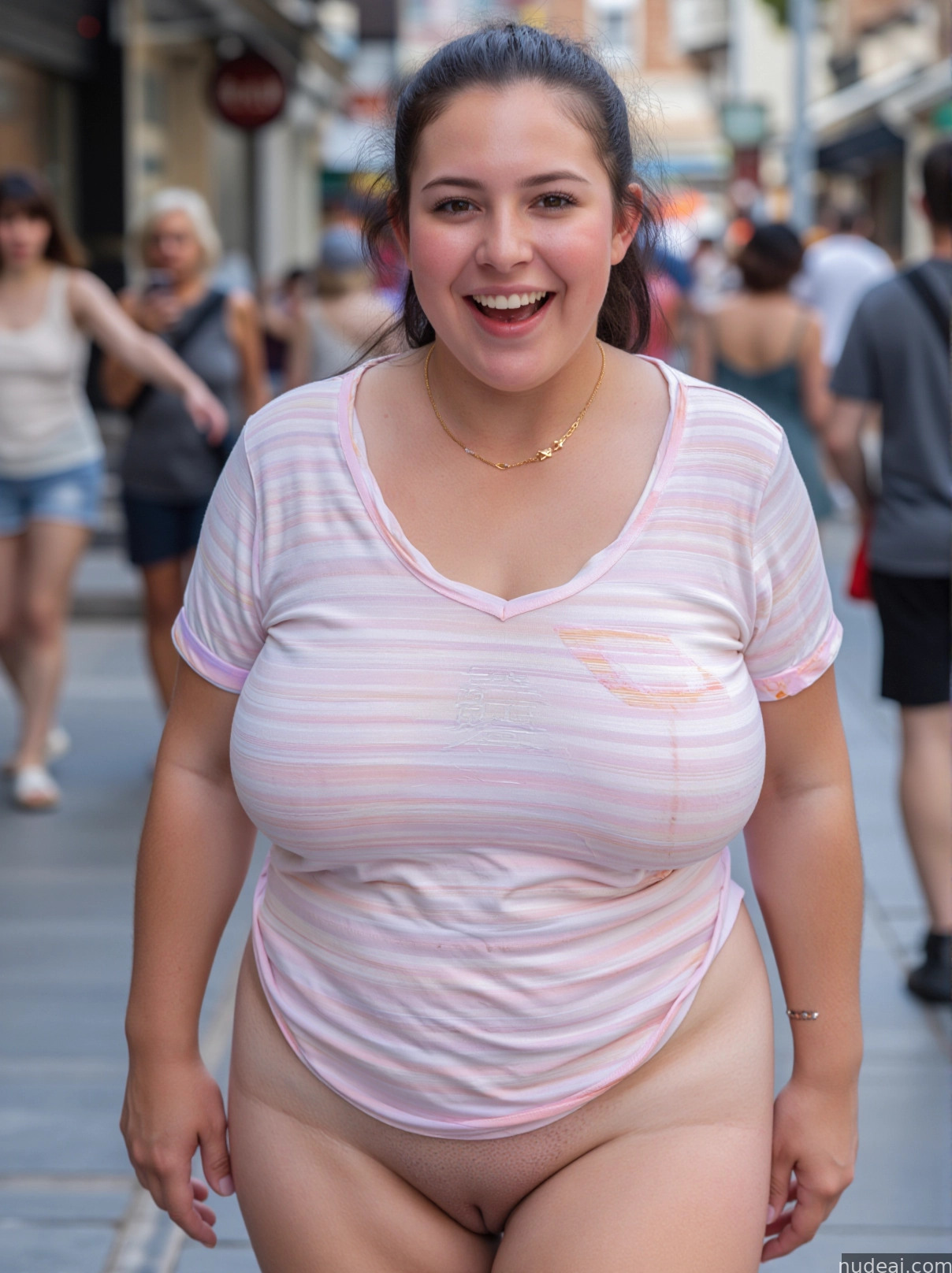 araffe woman in a pink shirt is walking down the street