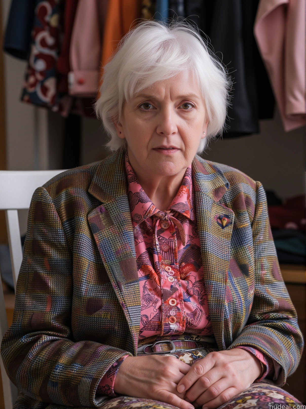there is a woman sitting in a chair with a jacket on
