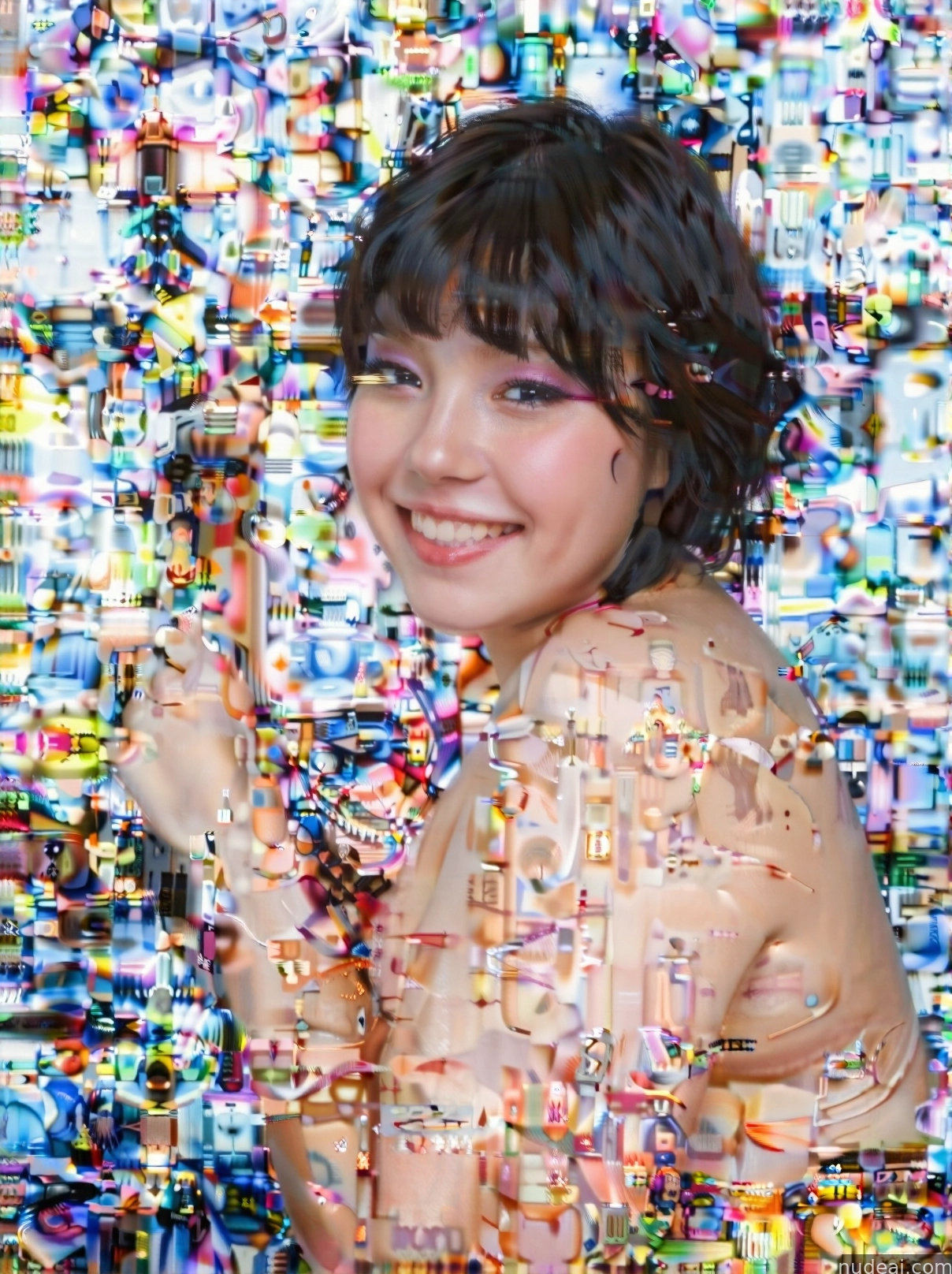 arafed image of a woman with a cell phone in front of a wall of cell phones