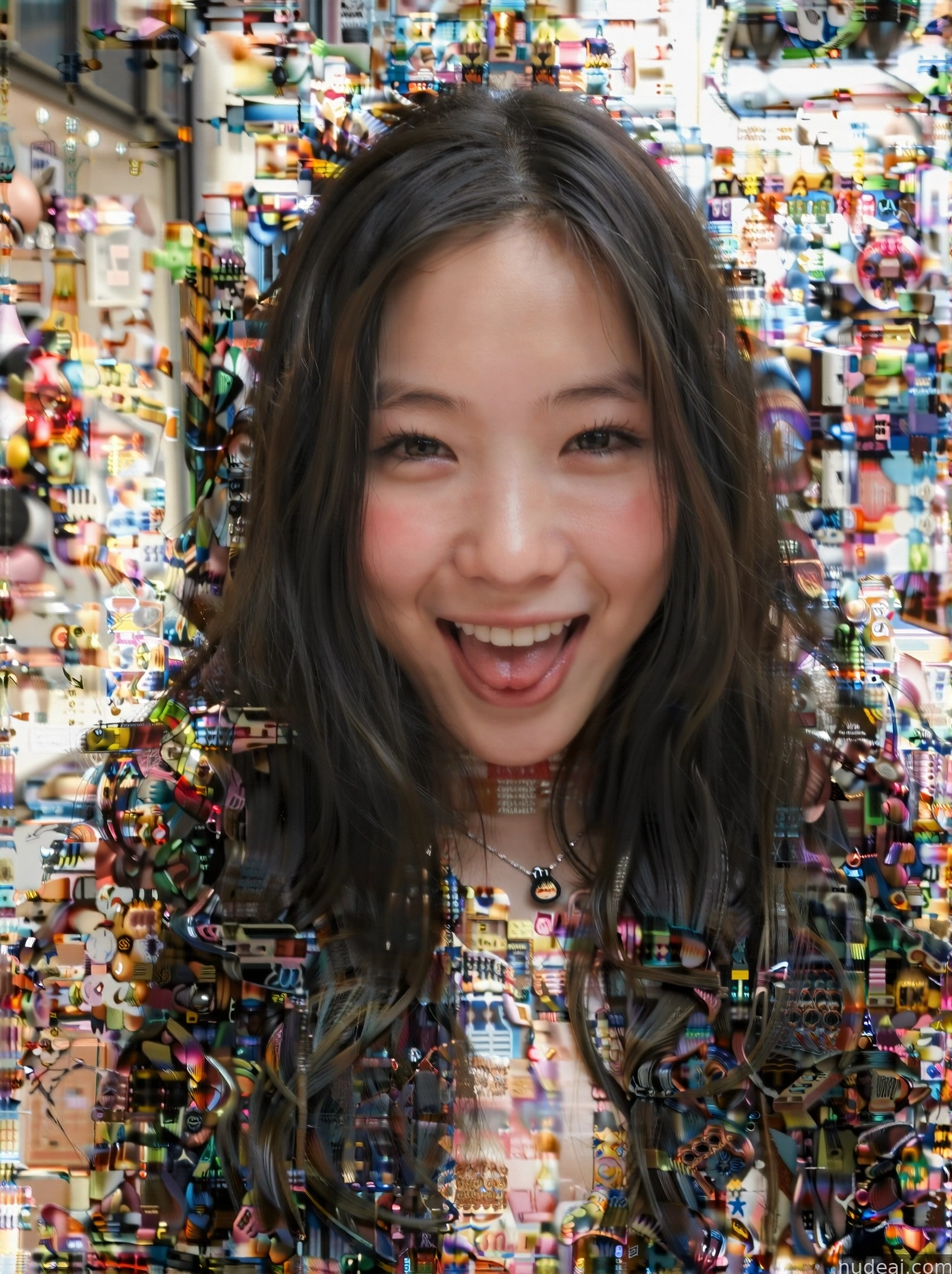 arafed image of a woman with a smile in front of a wall of beads