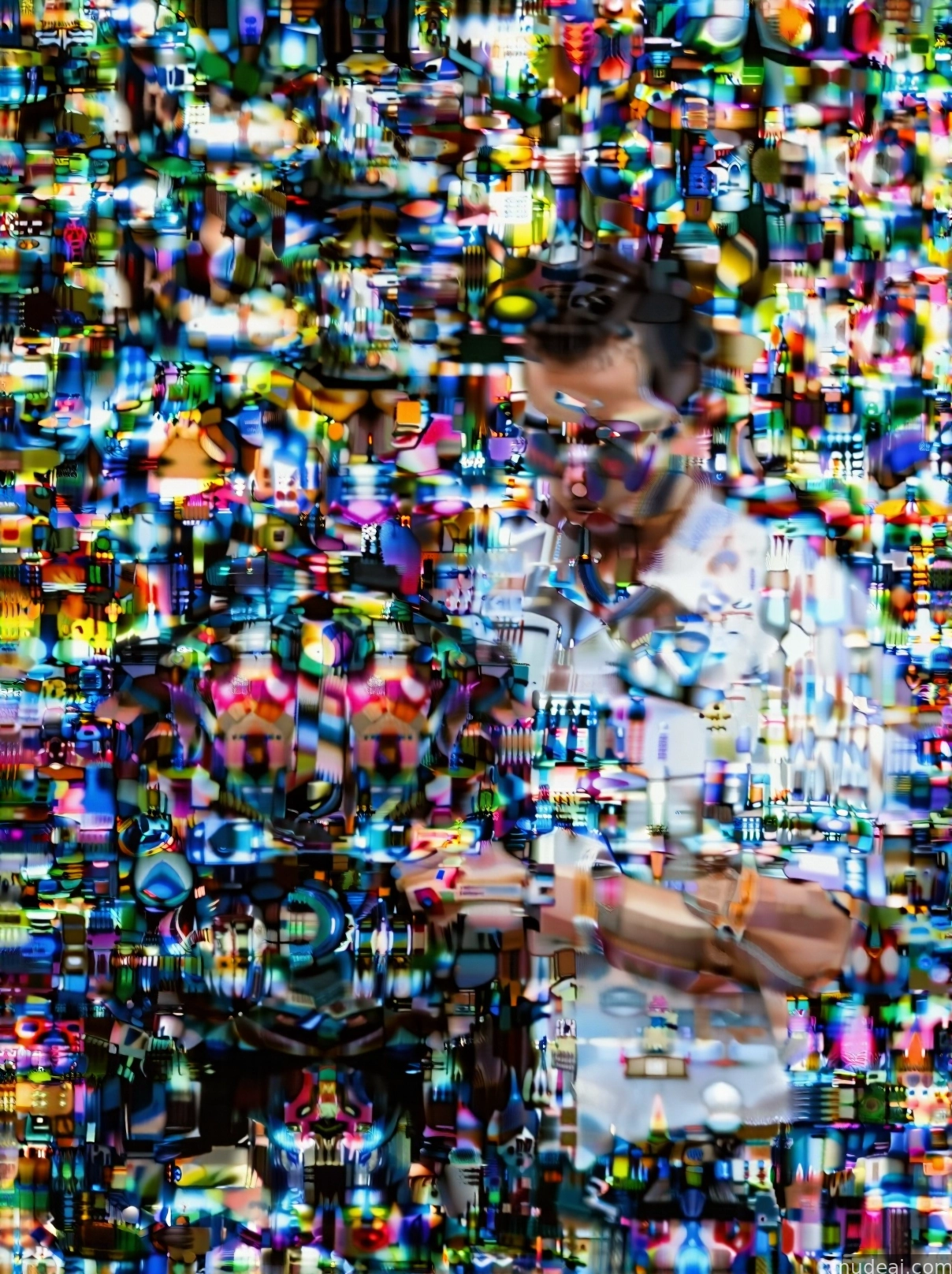 arafed image of a man standing in front of a wall of televisions