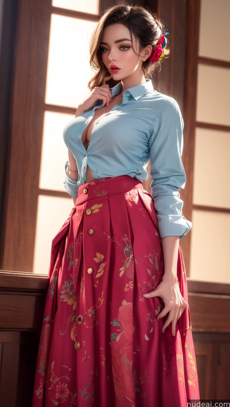 arafed woman in a blue shirt and red skirt posing for a picture