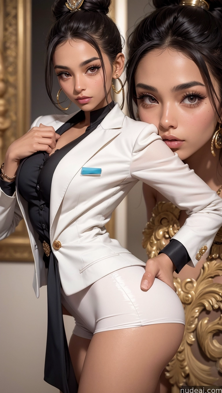 there are two women in a white suit posing for a picture