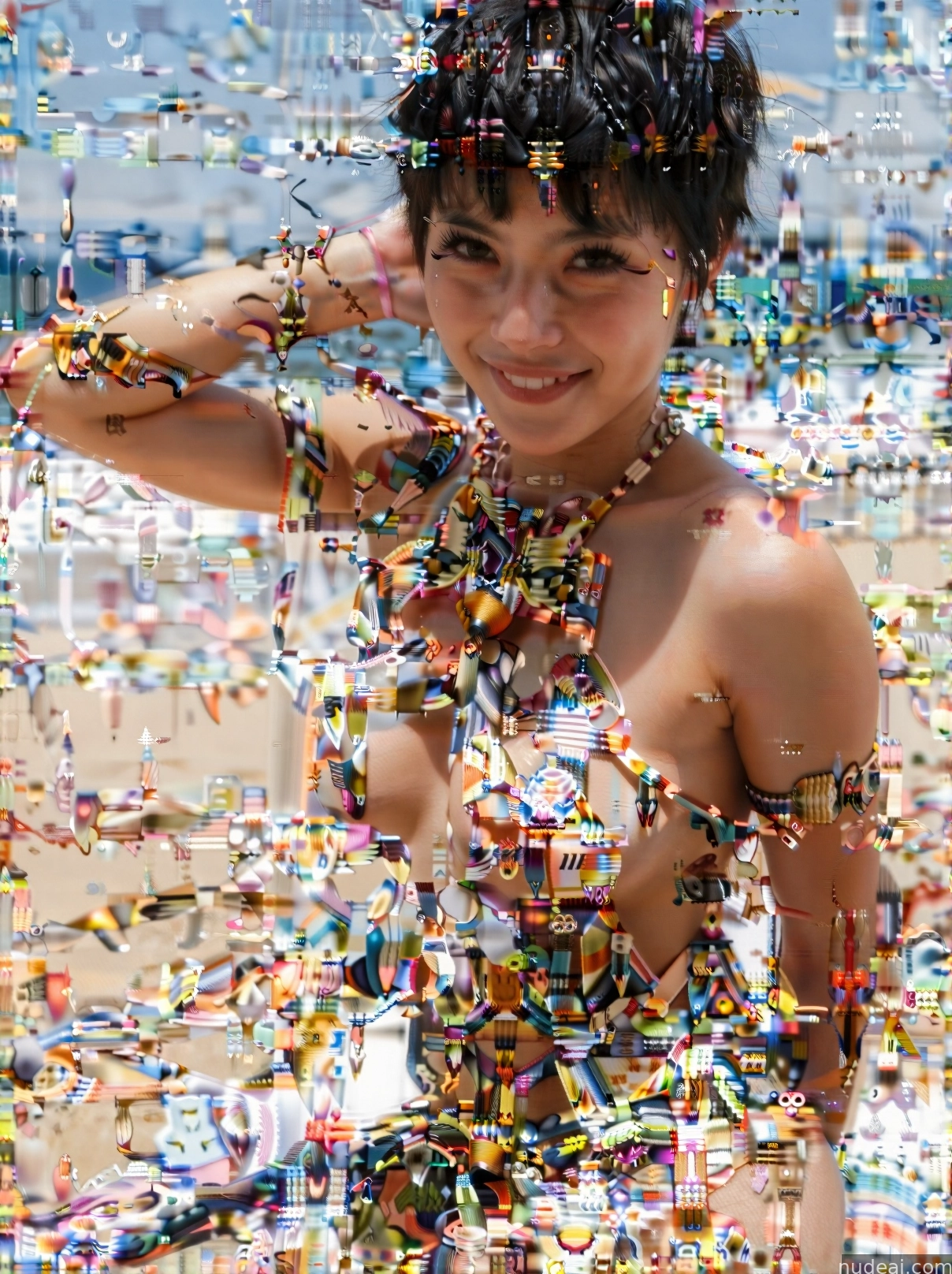 there is a woman in a dress made of confetti