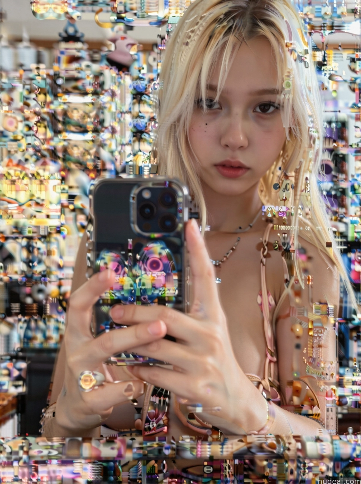 blond woman taking a selfie in front of a wall of jewelry