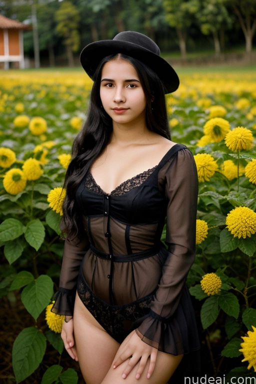 there is a woman in a black lingerie and hat posing in a field of sunflowers