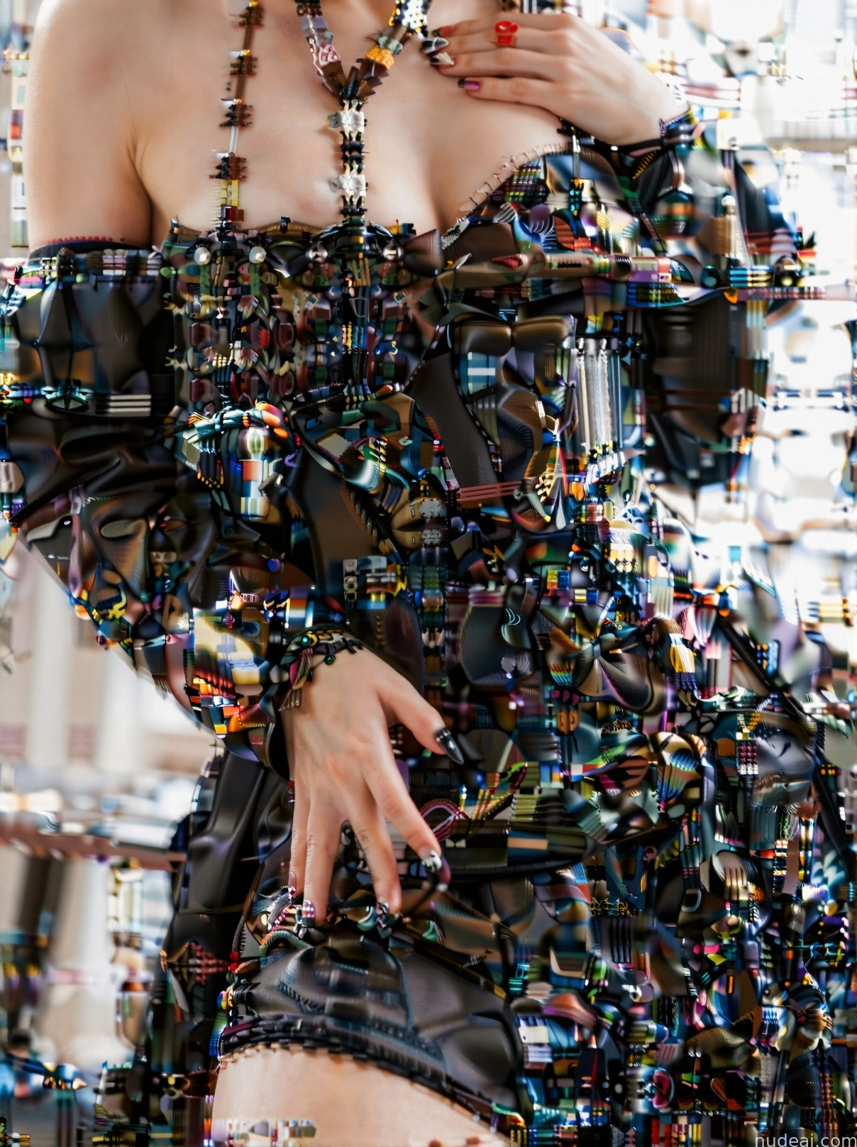 there is a woman in a dress that is made of many different objects